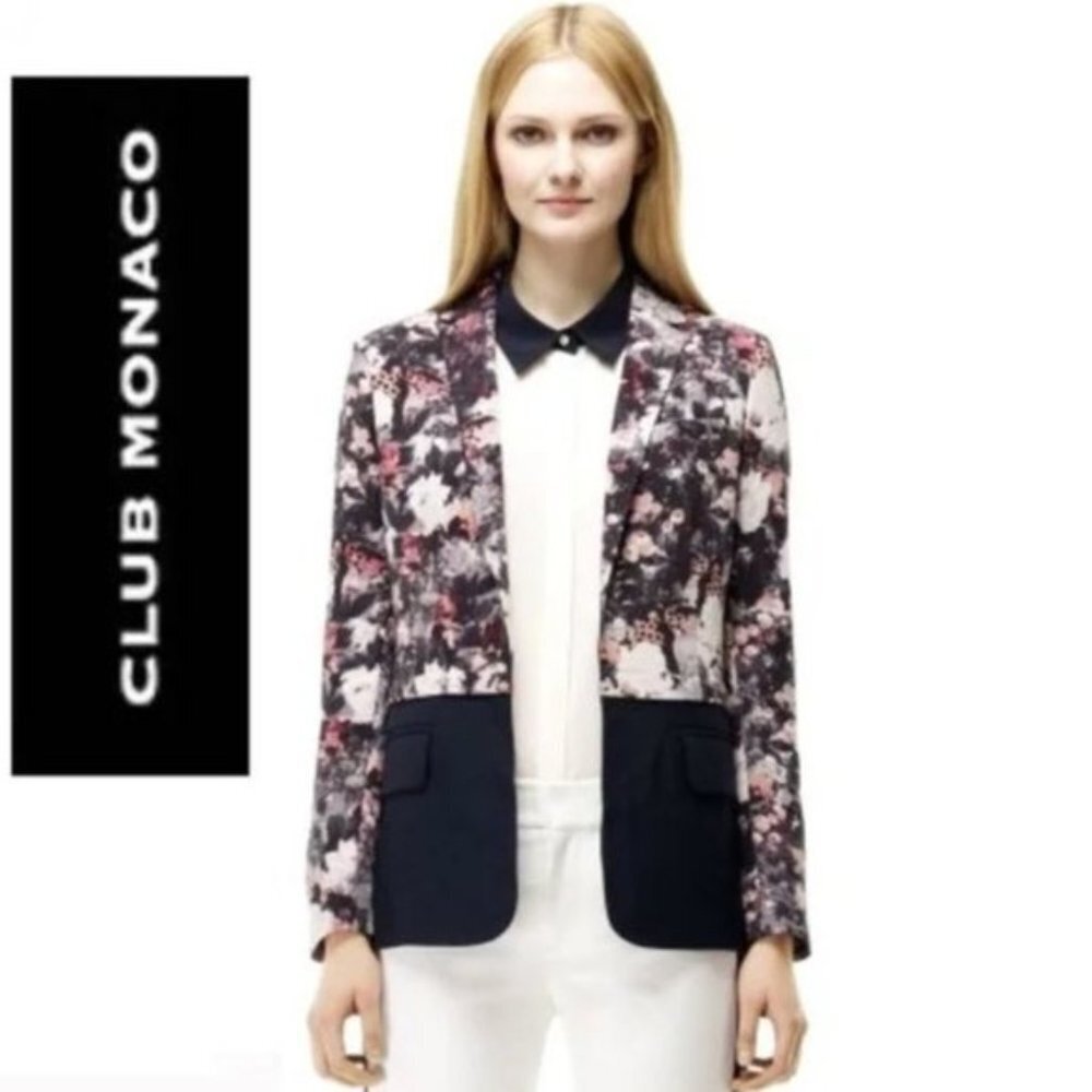 Club Monaco Wool Navy Floral Baker Open Blazer